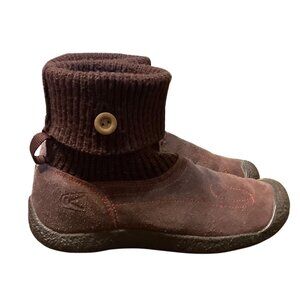 Keen Womens Brown Suede Knit Cuff Ankle Boots Size 6.5 US Button Accent & Rubber